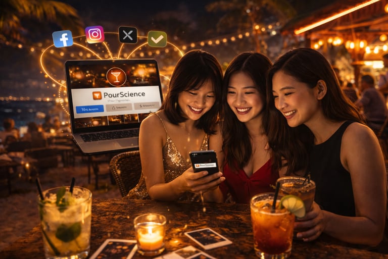 Guests viewing mobile content together while aligned social platforms reinforce hospitality brand presence