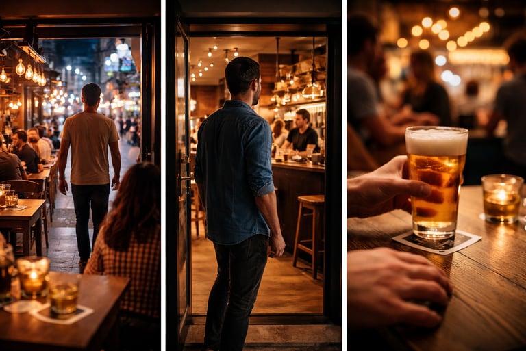 Customer entering active nightlife venue representing real-world activation of aligned social presence