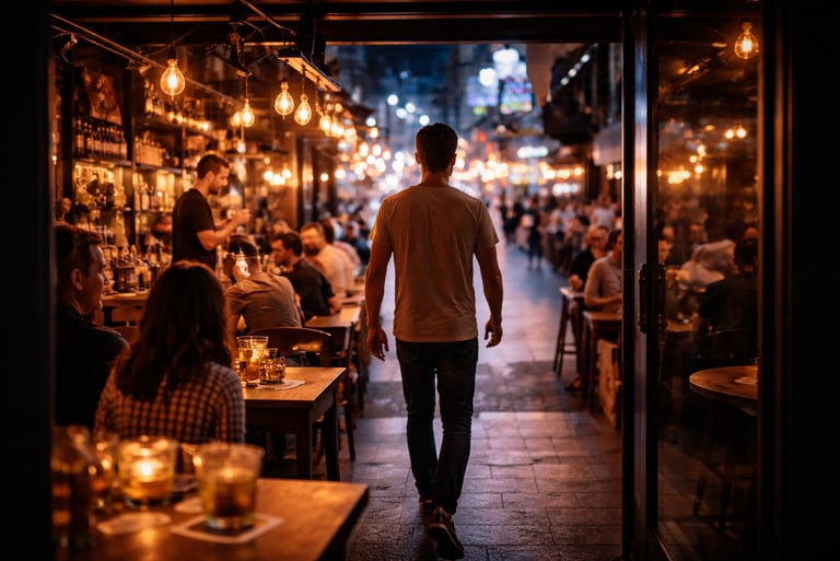 Evening hospitality venue with steady customer flow reflecting increased brand visibility and engagement