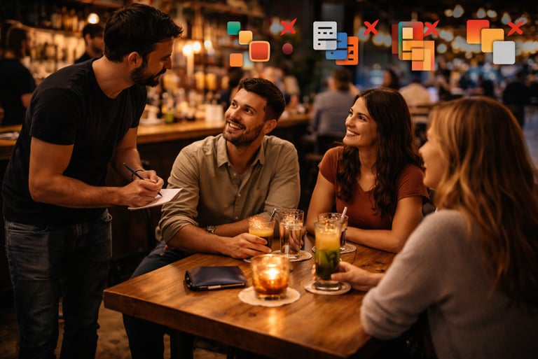 Staff interacting with guests at candlelit table supporting conversational brand engagement in venue