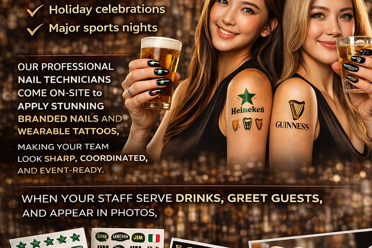 Touchpoint poster showing branded items placed in customer hands to reinforce venue identity