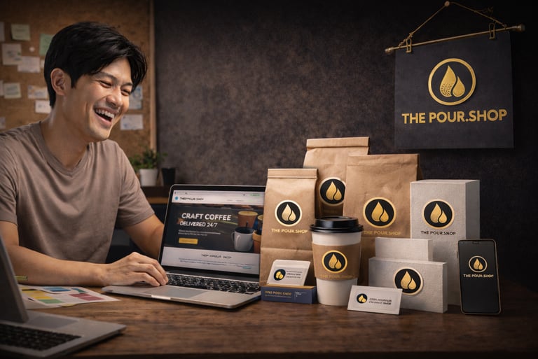 branded merchandise boxes and products displayed on desk