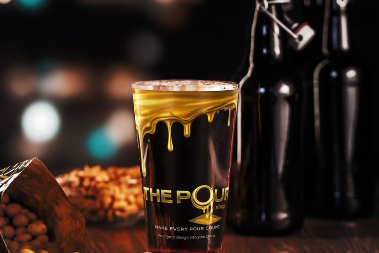 The Pour Shop branded pint glass on table with beer and bottles showing hospitality drinkware in bar style setting