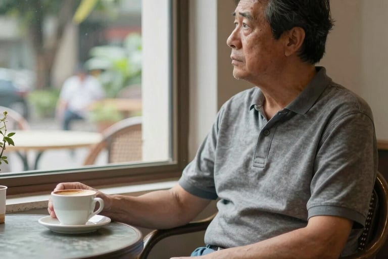 Thoughtful senior Asian man sitting at a cafe window holding a cup of hot coffee.