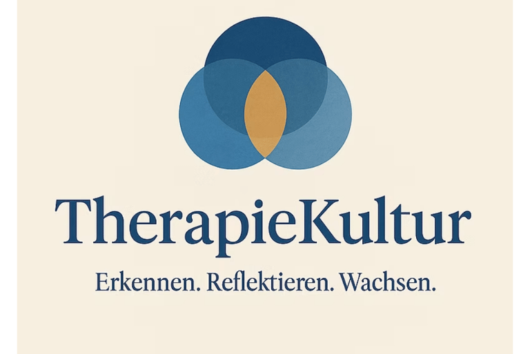 Logo von TherapieKultur mit blauen, überlappenden Kreisen als Symbol für Therapie, Wachstum und syst