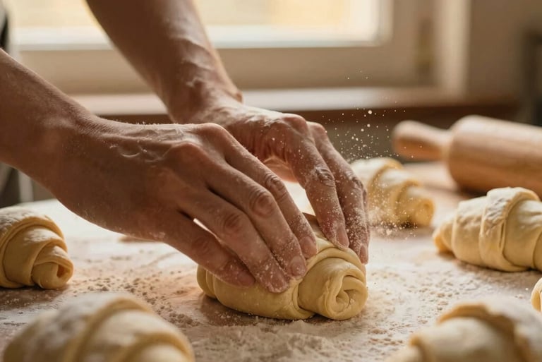Las manos de un panadero estirando masa fresca de croissant sobre una superficie enharinada.