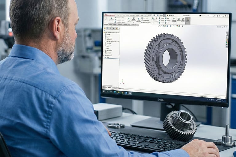 A person sitting at a desk using a computer to design a gear