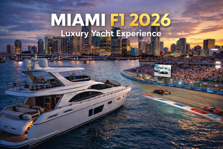 Luxury yacht rental in Miami during Formula 1 2026 with skyline view and race experience