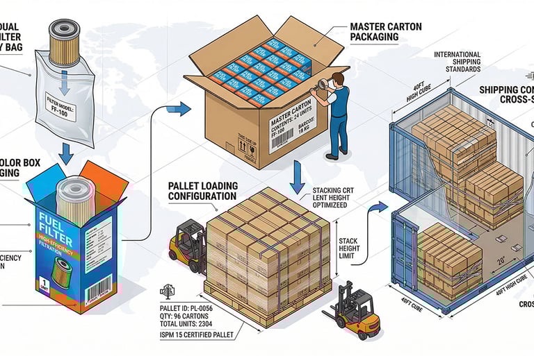 Fuel filter packaging workflow from individual units to container loading for international shipping
