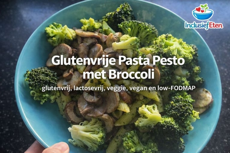 Een foto van een glutenvrije, lactosevrije en low FODMAP pasta pesto met broccoli