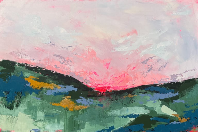 Kate Young abstract painting, size 24x36, pink and green and blue, Guelph artist
