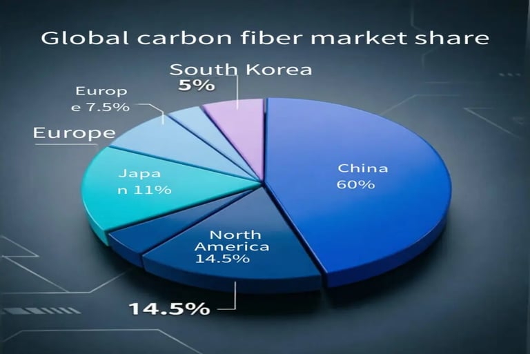 A 3D pie chart showing global carbon fiber market share with China leading at 60% followed by North America.