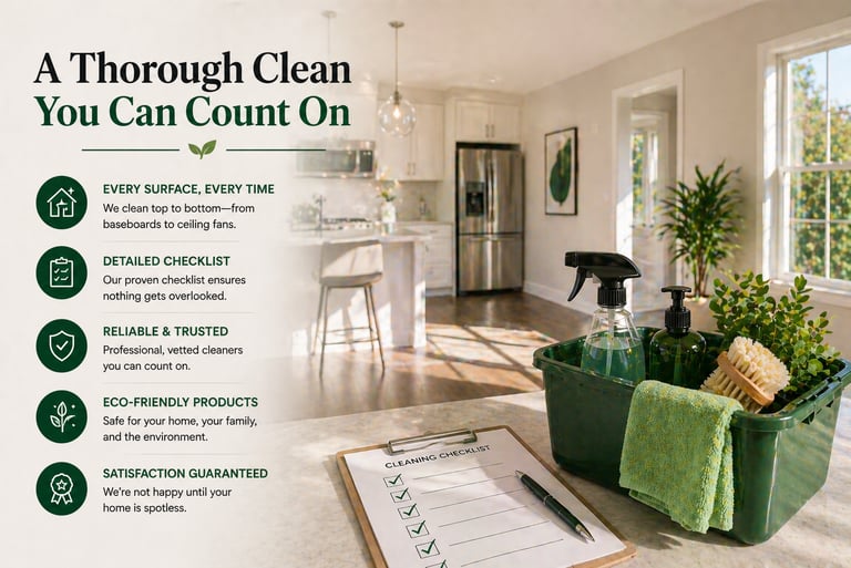 Professional house cleaning checklist and eco-friendly supplies in a bright, modern kitchen.
