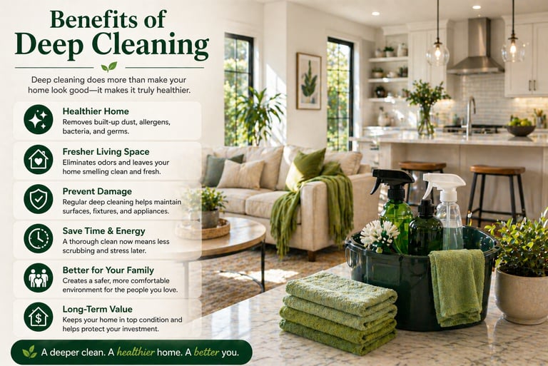 Infographic showing benefits of deep cleaning services with a clean living room and kitchen background.