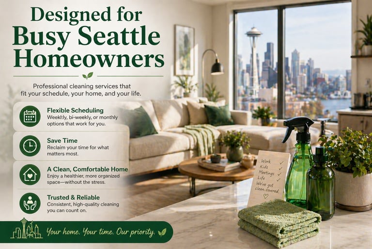 Professional house cleaning services for busy Seattle homeowners with a city skyline view.