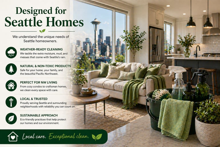 Professional home cleaning services for Seattle residences featuring eco-friendly products and a Space Needle view.