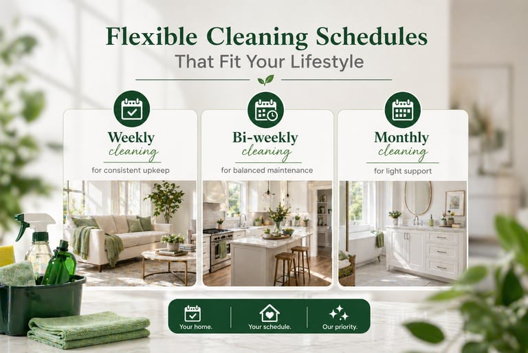 Flexible cleaning schedules showing weekly, bi-weekly, and monthly house cleaning services.