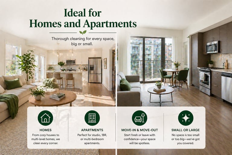 Professional home and apartment cleaning services for move-in and move-out needs in modern living spaces.