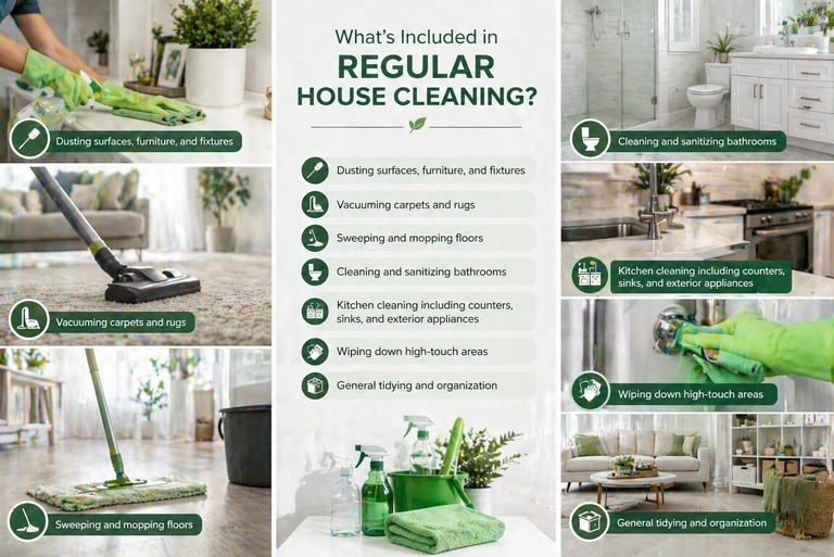 Checklist of professional regular house cleaning services including vacuuming, dusting, and sanitizing.