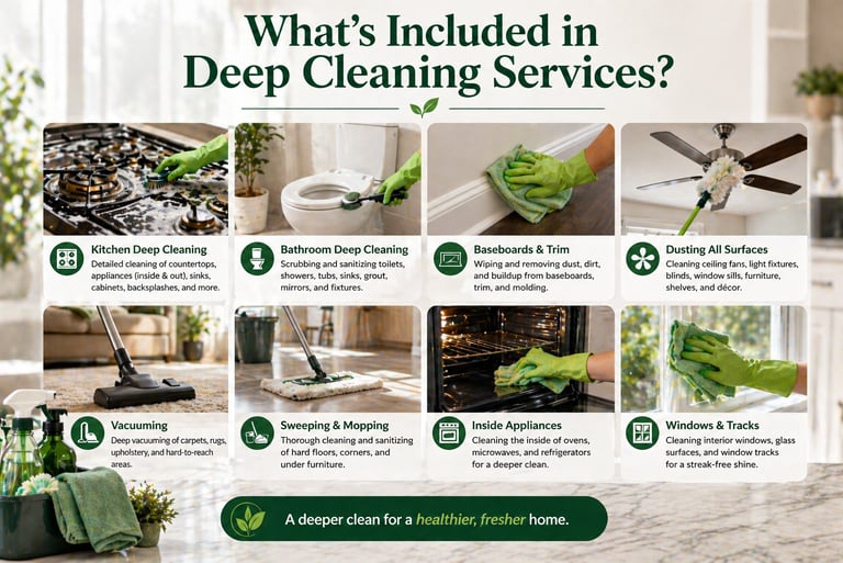 Infographic detailing professional deep cleaning services including kitchen, bathroom, baseboards, and appliance cleaning.