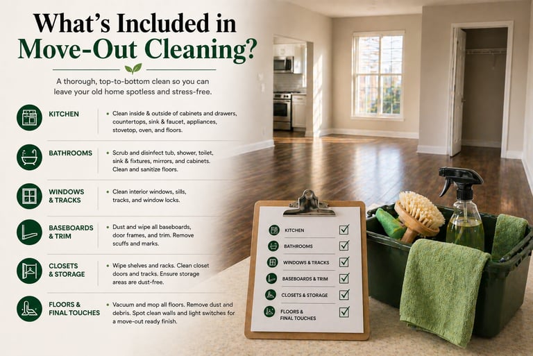 A move-out cleaning checklist next to professional supplies in a bright, vacant apartment with hardwood floors.