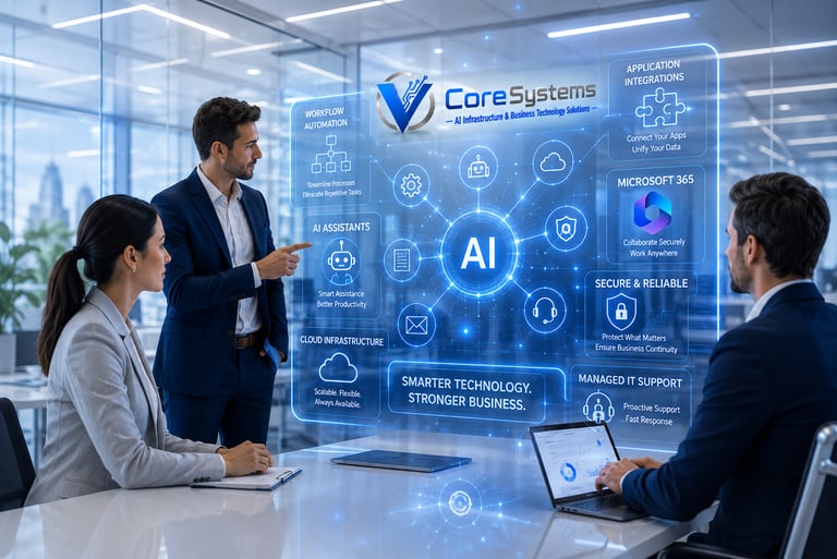 Business team reviewing CoreSystems AI infrastructure and workflow automation solutions on a digital interface.