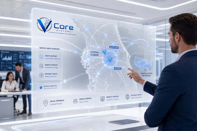 IT professional interacting with a futuristic digital interface for Core Systems managed IT services in Central Florida.