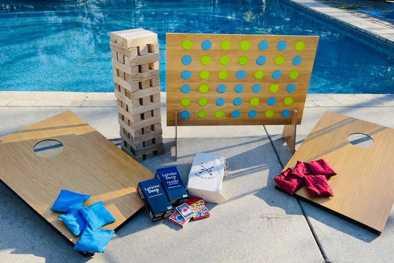 Luxury picnic add on games package with cornhole, giant jenga, giant connect four, card games