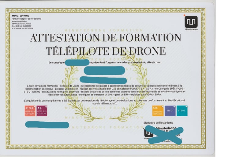 Official French drone pilot training certificate from Minutedrone Formation with STS and A1/A3 category labels.