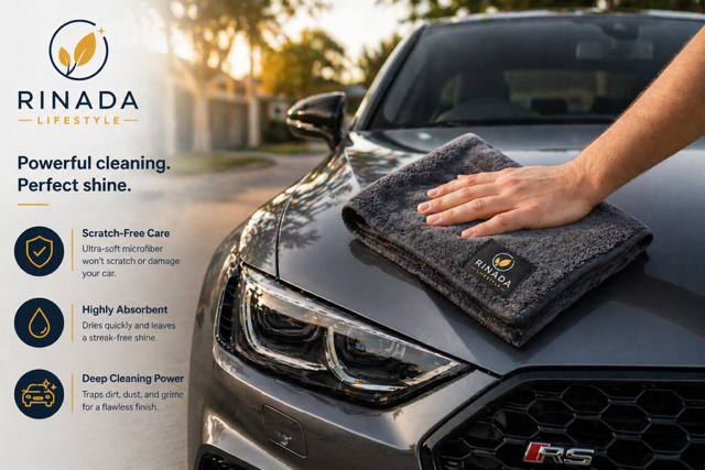 Hand using Rinada Lifestyle microfiber car drying towel for a scratch-free, high-shine finish on a grey luxury car.