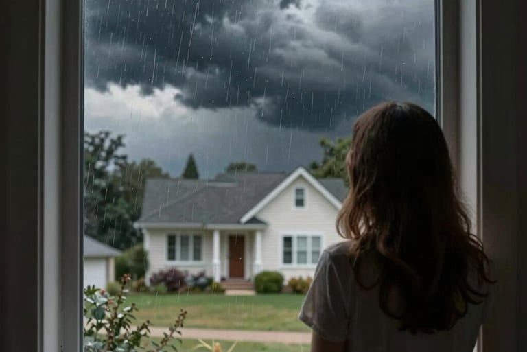 Mujer mirando desde su ventana la tormenta que hay afuera de su casa