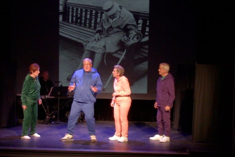 Senior actors performing a stage play in colorful tracksuits with a vintage photo backdrop.