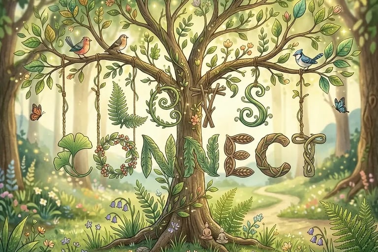 Whimsical Illustration of letters having from branches tree spelling let's connect.