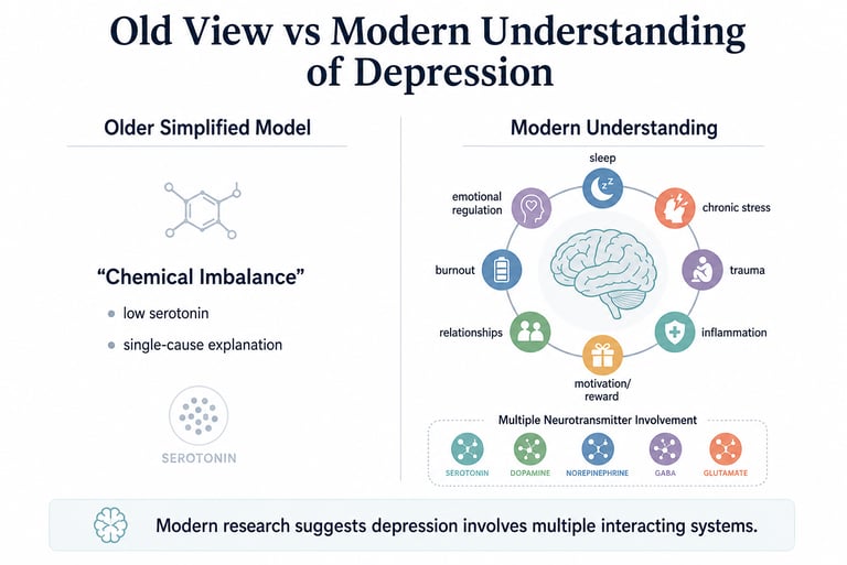 Infographic comparing the old chemical imbalance model of depression with modern understanding involving neurotransmitters