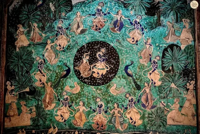 Ras Leela mural of Lord Krishna and Radha at Chitrashala, Bundi — a masterpiece of Bundi miniature art and devotion.