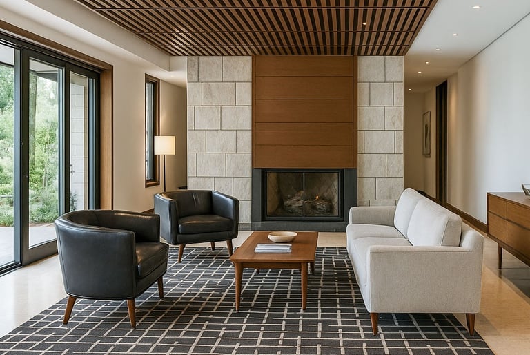 Mid-century style room with cream sofa, black chairs, grid rug, wood ceiling, and stone fireplace.