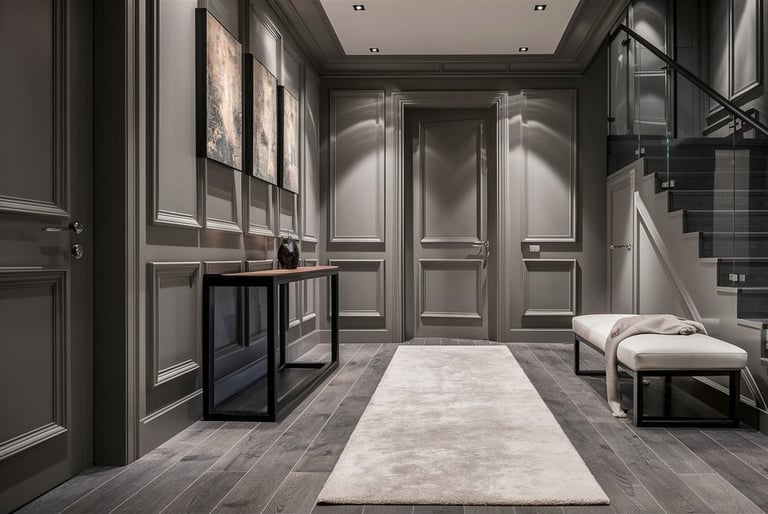 a hallway with a long hallway with a bench and a bench