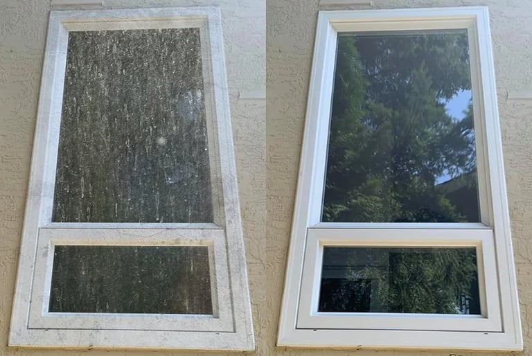 Avant-après nettoyage fenêtre PVC Transformation spectaculaire d'une fenêtre sale vers une propre