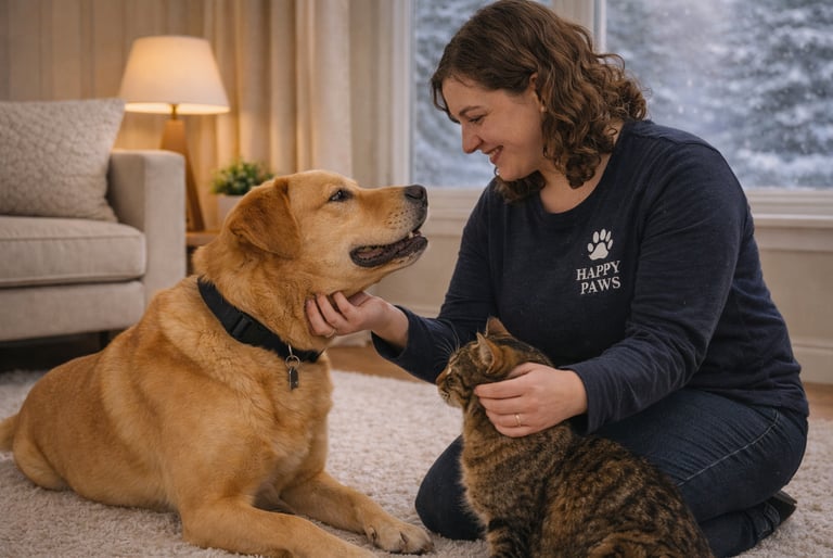 Pet sitter providing calm indoor care for a dog and cat.