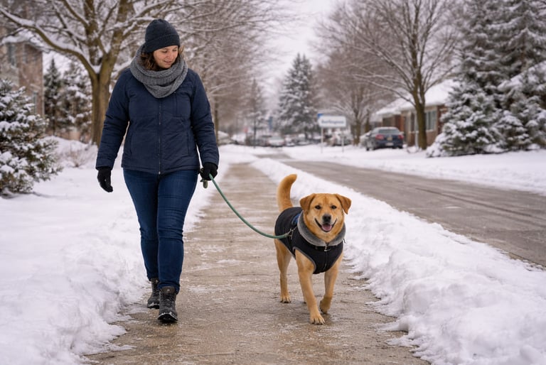 Dog walking on a cleared winter sidewalk in Oakville.