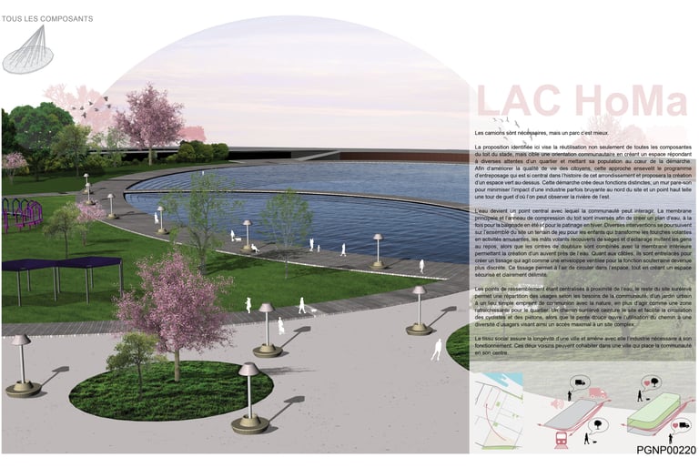 a landscaped image of a lake with a large circular shaped area