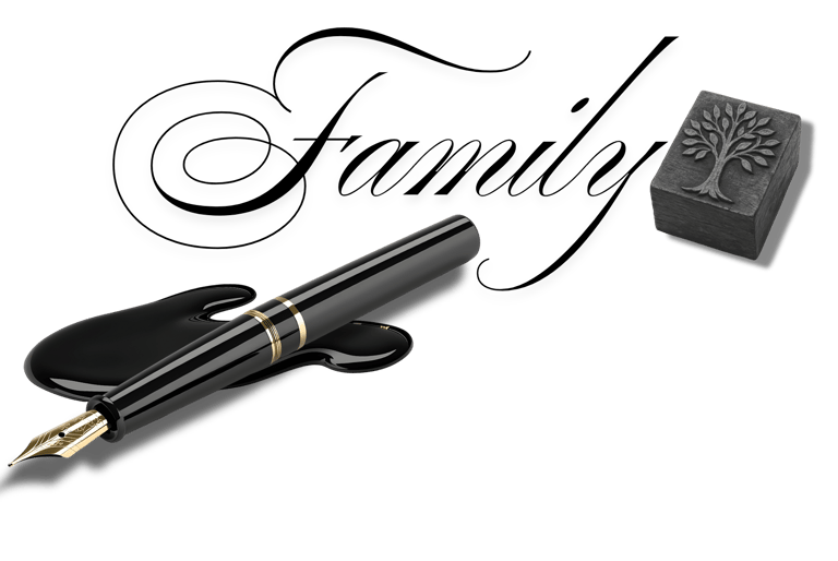 Calligraphy pen, ink blot, tree stamp