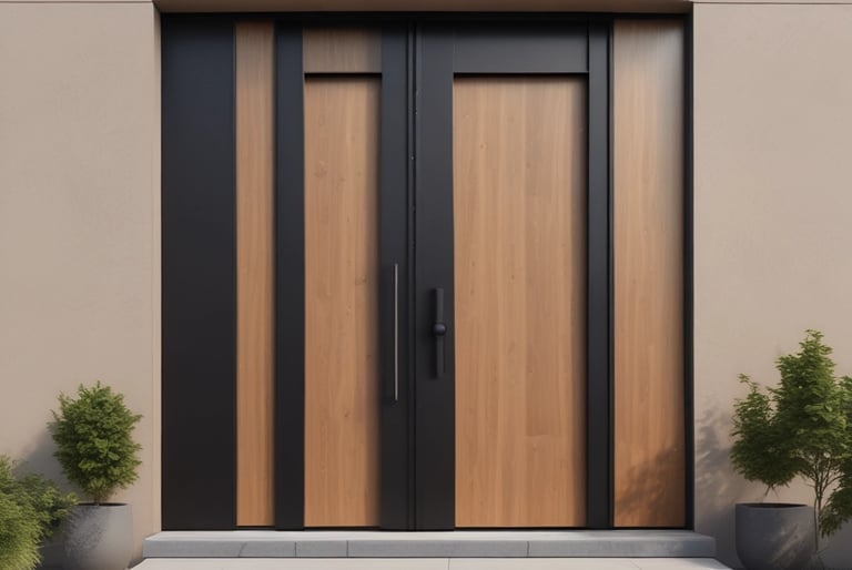 a modern front door with a wooden door and a planter