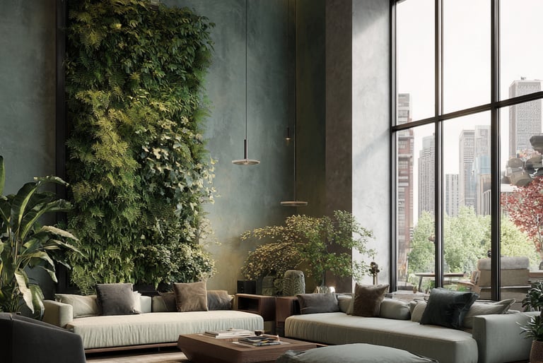 a living room with a couch and a green wall
