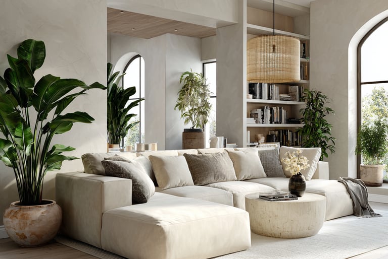 a living room with a couch, plants and a large window