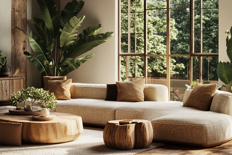 a living room with a couch and a large window