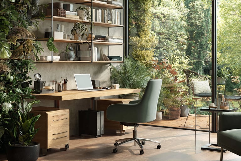 a home office, a wooden floor and a large window facing a garden