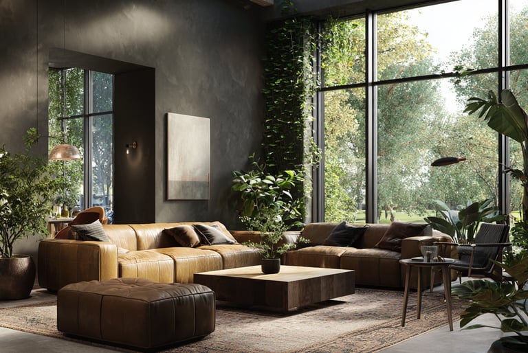 a living room with a couch and a large window and many plants