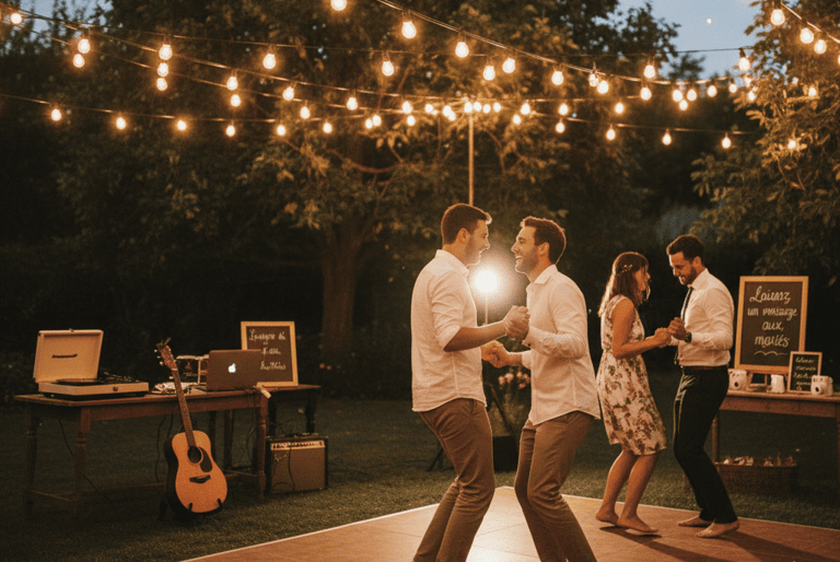 Invités dansant sous guirlandes, image d’un mariage petit budget festif