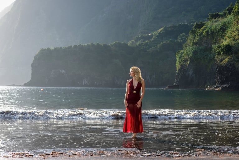 Romantic session at sunset on Seixal black sand beach, Madeira